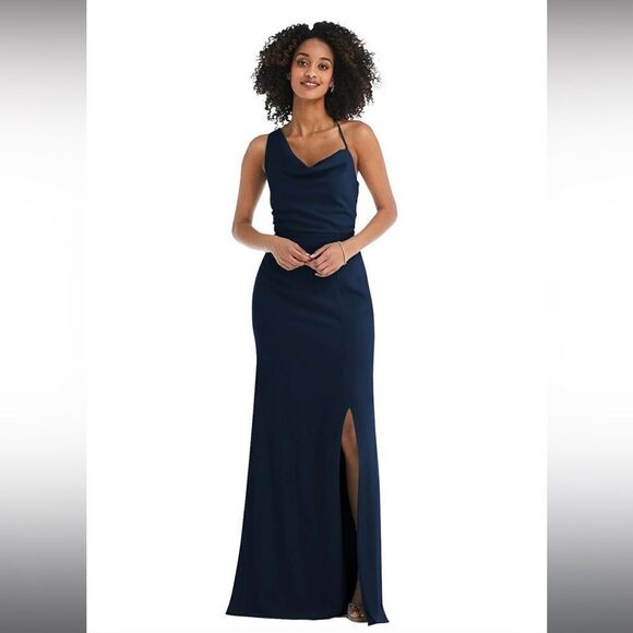 NEW After Six Midnight Navy Blue One-Shoulder Drape Cowl-Neck Maxi Gown Dress 24